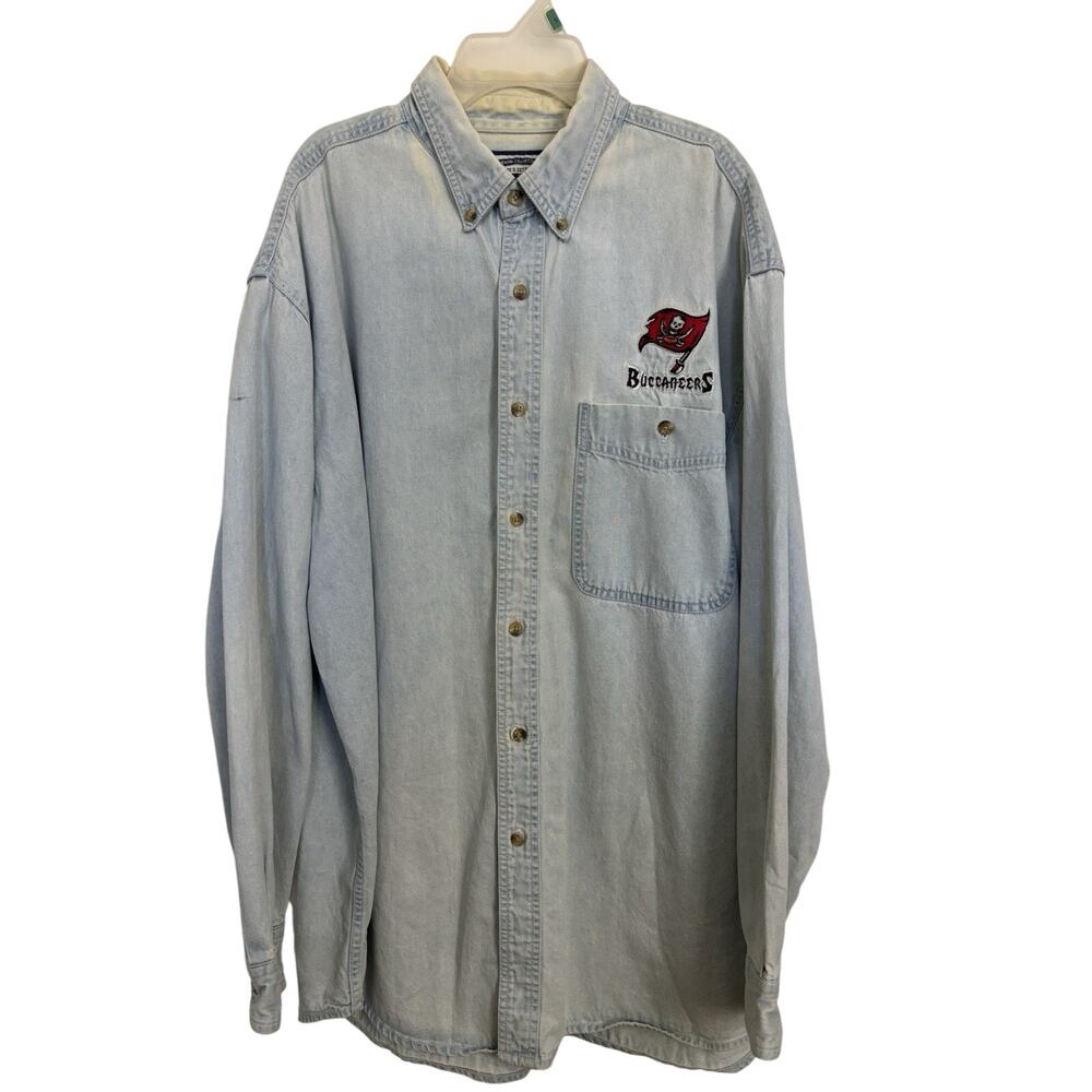 Vtg 90s Tampa Bay Buccaneers Denim Button Down Shirt Size Large NFL Cotton